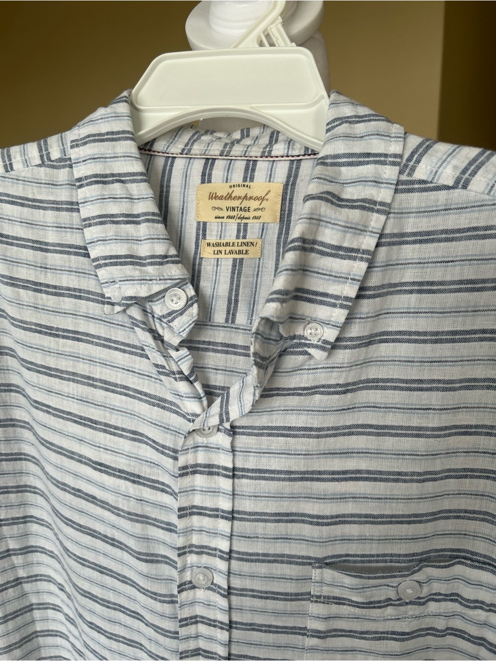 Men's White and Blue Striped Linen Blend Button-Down Short Sleeve Shirt